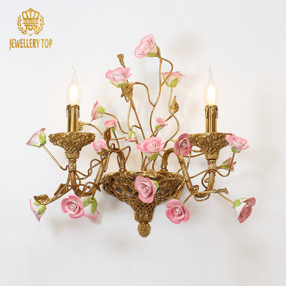 French Brass Wall Light With Pink Rose