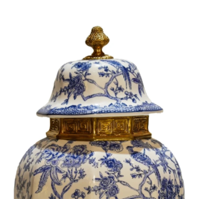 Detailed perspective of jar's mid-section showcasing the gilded brass ring and intricate Chinese floral patterns.
