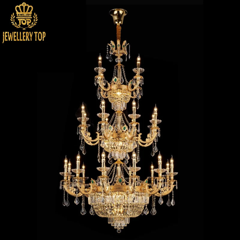 High - end decorative brass chandelier with multi - tiered crystal strands and regal crest details