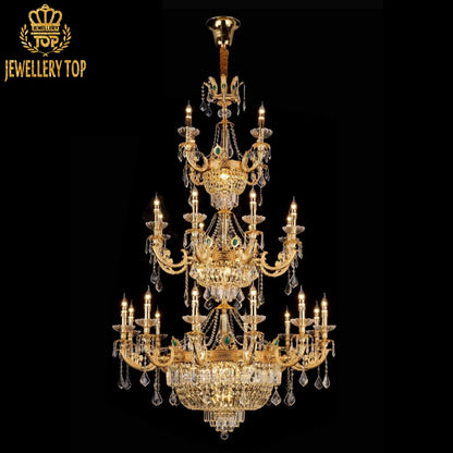 High - end decorative brass chandelier with multi - tiered crystal strands and regal crest details