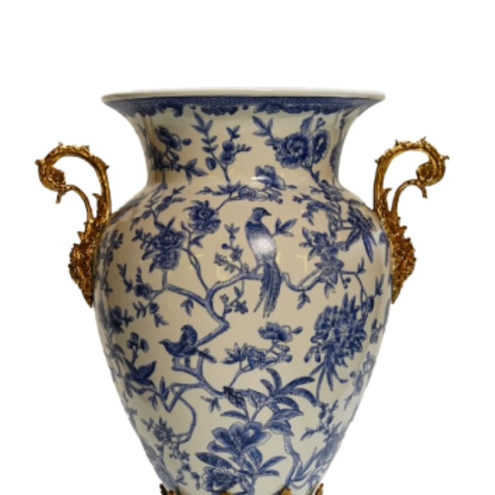Close-up of a decorative ceramic vase's neck and brass collar, showcasing intricate painted peony details.