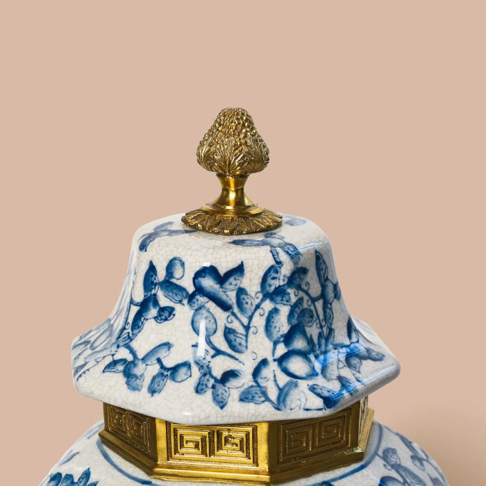 Ceramic jar with height and width dimension lines overlaid on a white background.