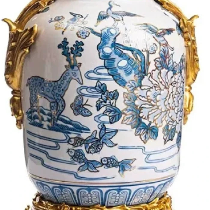 Side profile of the high quality ceramic vase highlighting panoramic nature scene and brass accents.
