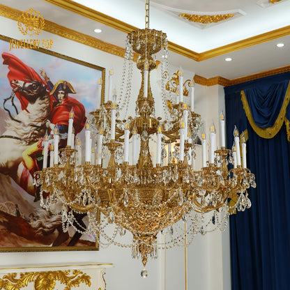 French Brass Chandelier with Crystal Chain