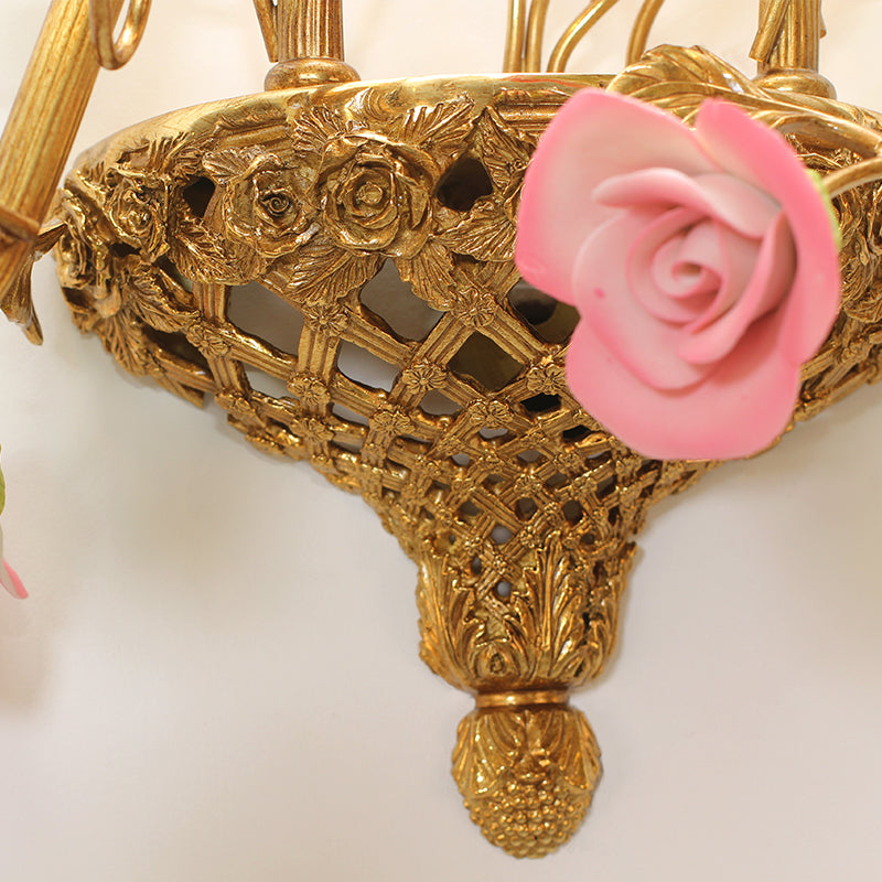 French Brass Wall Light With Pink Rose