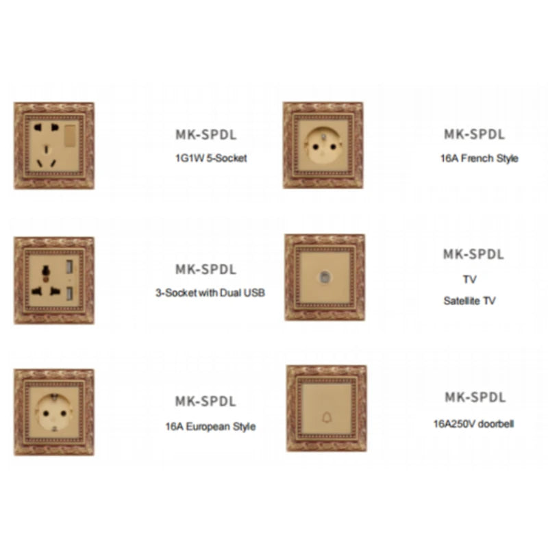 Brass electrical wall plate with ornate border and multi-gang switch configuration