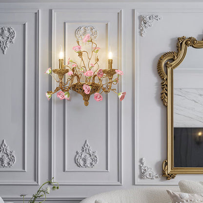 French Brass Wall Light With Pink Rose