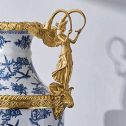 Front perspective of modern home decor vase showing full ceramic and brass artistry