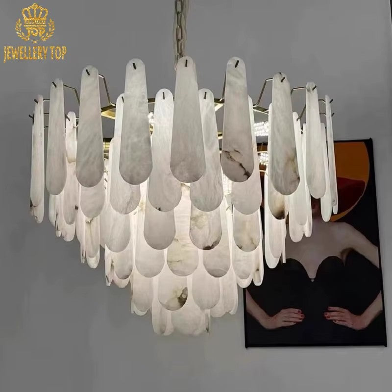 Layered Celestia Alabaster Stone Chandelier displaying droplet-shaped panels