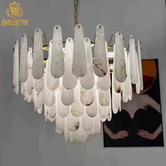 Layered Celestia Alabaster Stone Chandelier displaying droplet-shaped panels