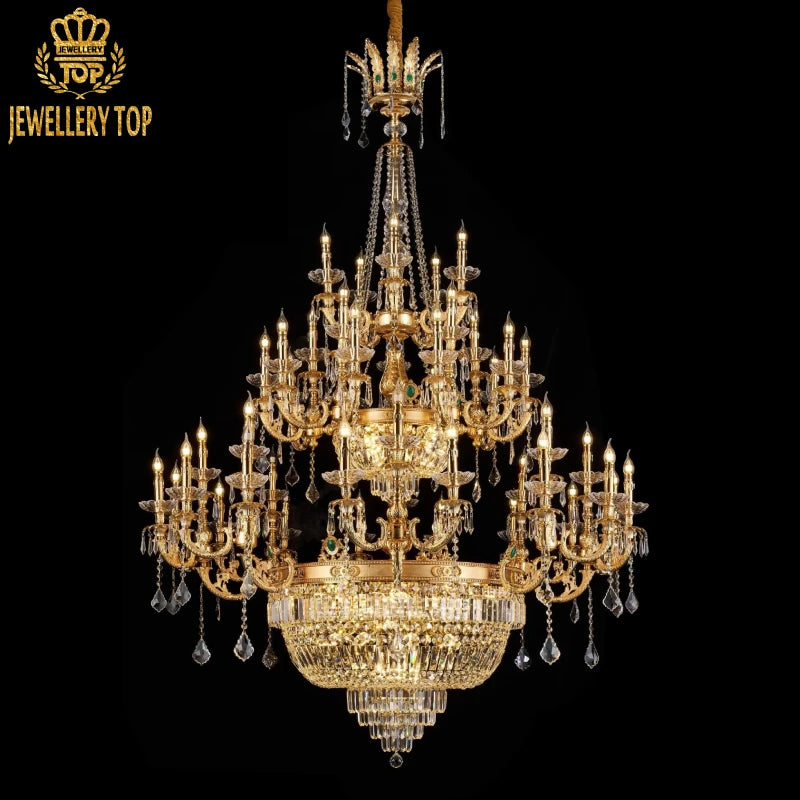 Large size hotel chandelier in brass and crystal, showcasing royal palace - inspired design