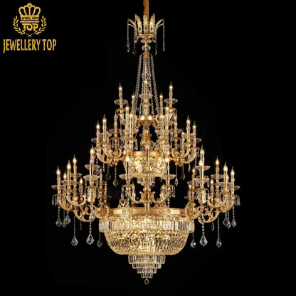 Large size hotel chandelier in brass and crystal, showcasing royal palace - inspired design