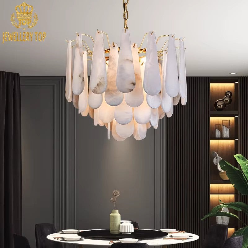 Art deco-inspired chandelier showcasing tiered stone elements