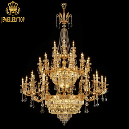 Royal palace chandelier with glowing candle - style bulbs and dazzling crystal refraction