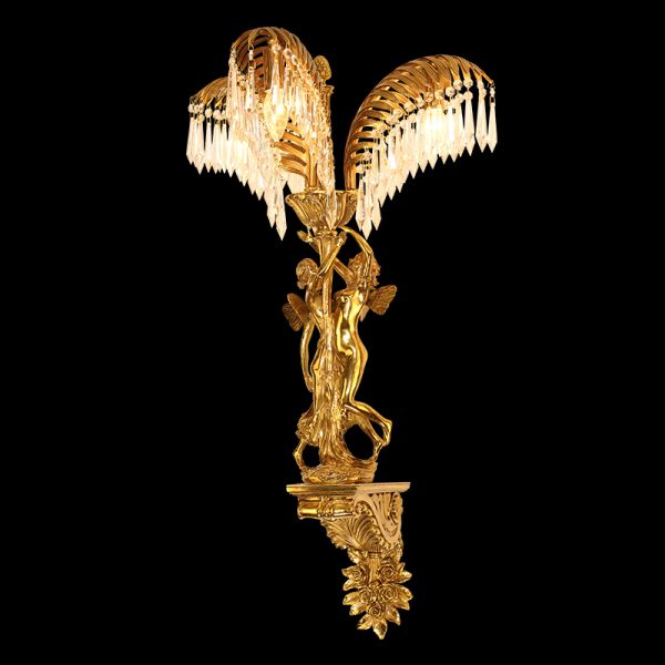 French brass crystal wall lamp with palm leaf