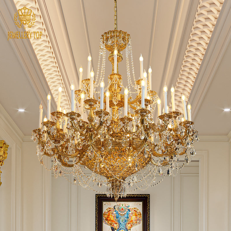 French Brass Chandelier with Crystal Chain