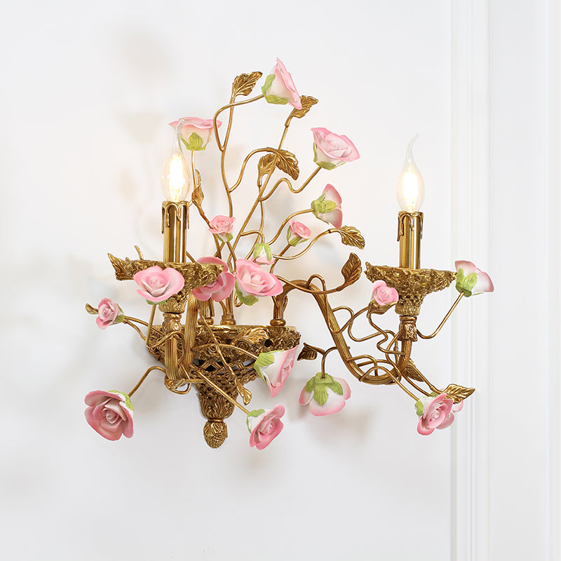 French Brass Wall Light With Pink Rose