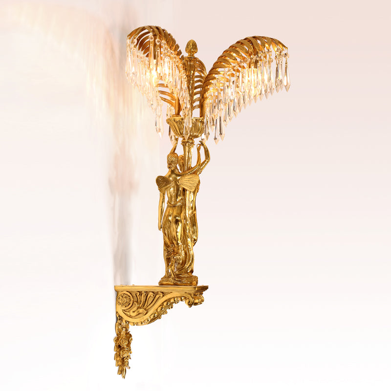 French brass crystal wall lamp with palm leaf