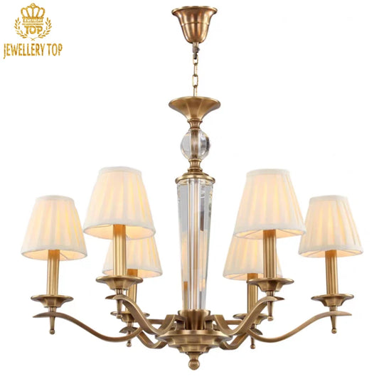 Decorative brass pendant light with milky white fabric lampshades and warm glow