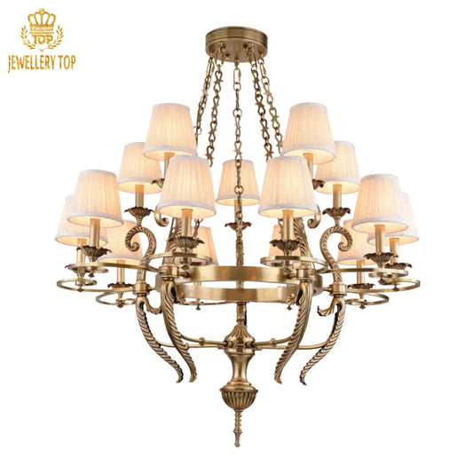 Americana-style brass chandelier illuminating a rustic space