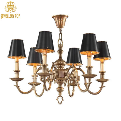 New American luxury chandelier with geometric brass arms and gold-lined shades
