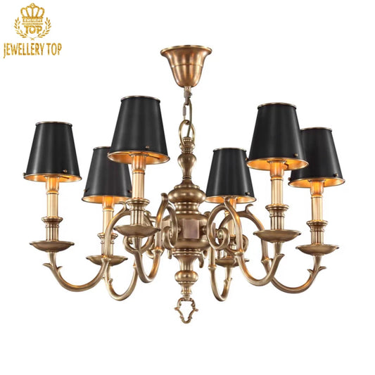 New American luxury chandelier with geometric brass arms and gold-lined shades