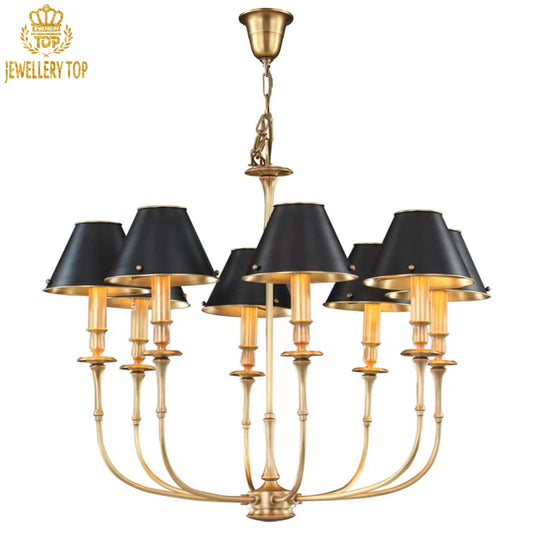European vintage designer chandelier with arched brass arms and filigree details