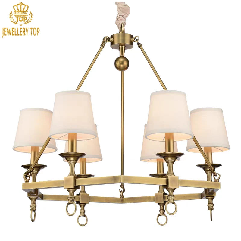 American country-style brass chandelier with rope accent and ring details