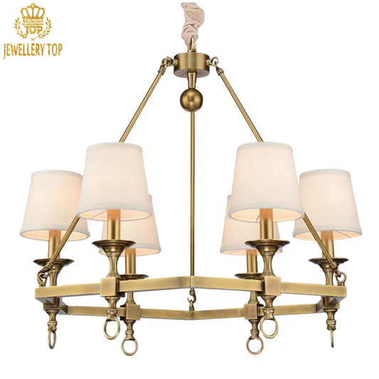 American country-style brass chandelier with rope accent and ring details