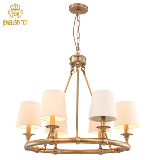 Golden vintage round chandelier with six arched arms