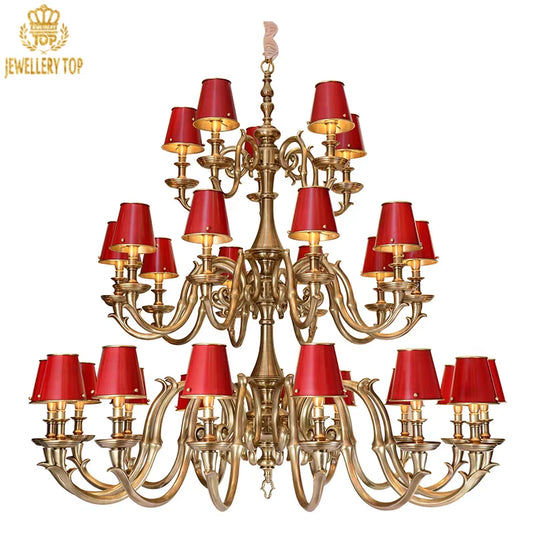 Opera-inspired brass pendant light with red fabric lampshades and gold lining