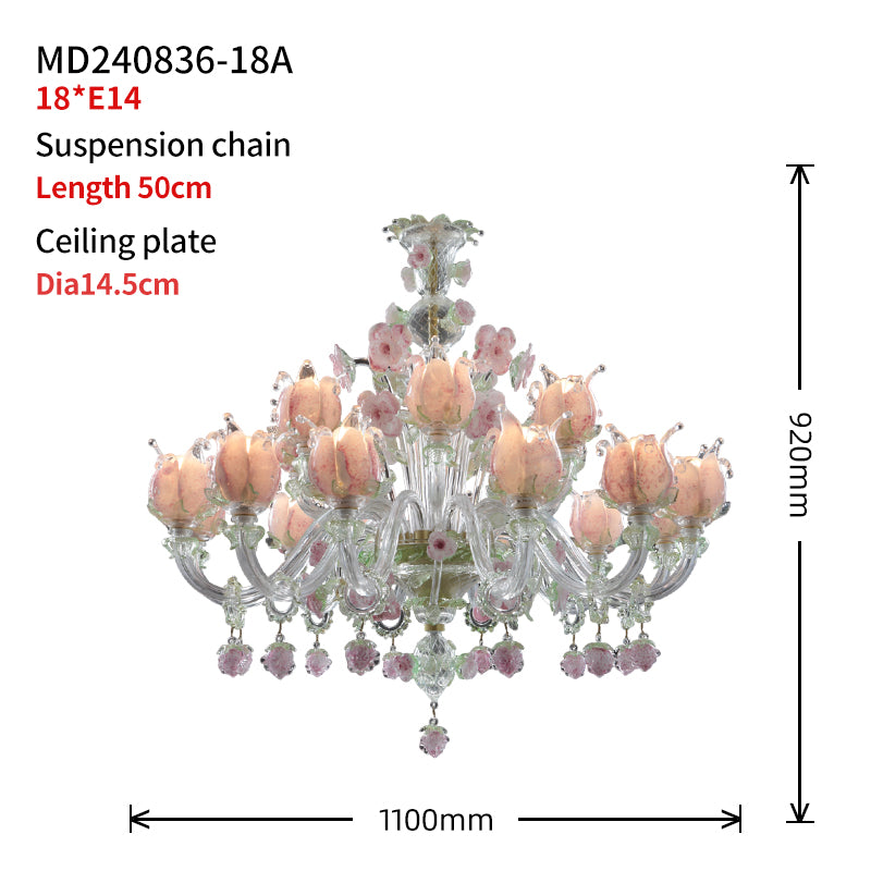 Murano Floral Glass Chandelier Pink&Green