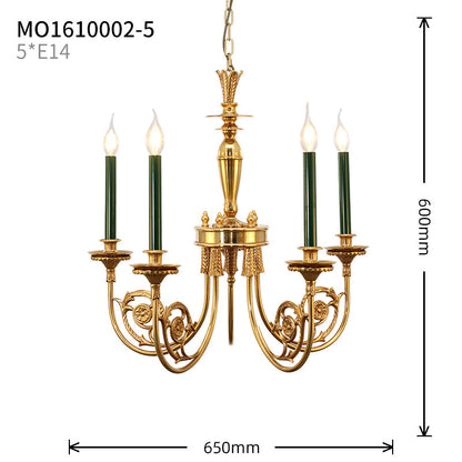 Латунная люстра в стиле рококо с зелеными свечами