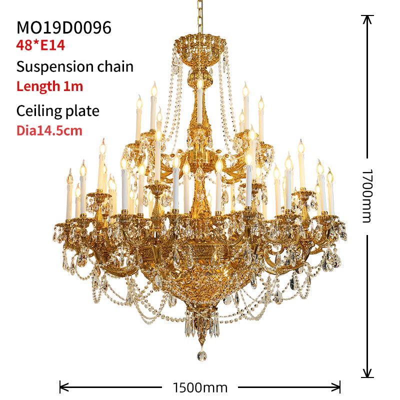 French Brass Chandelier with Crystal Chain