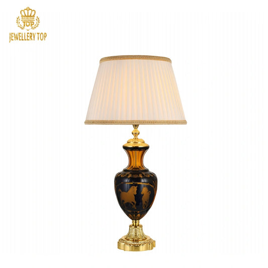 Leaded-Glass Table Lamp with Gold Brass Base and Pleated Fabric Shade