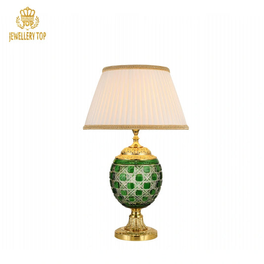 Green Glass Bedside Table Lamp with Gold Brass Base and Pleated Shade