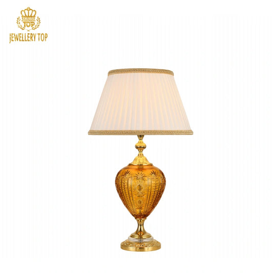 Leaded-Glass Table Lamp with Baroque Etchings & Gold Brass Base
