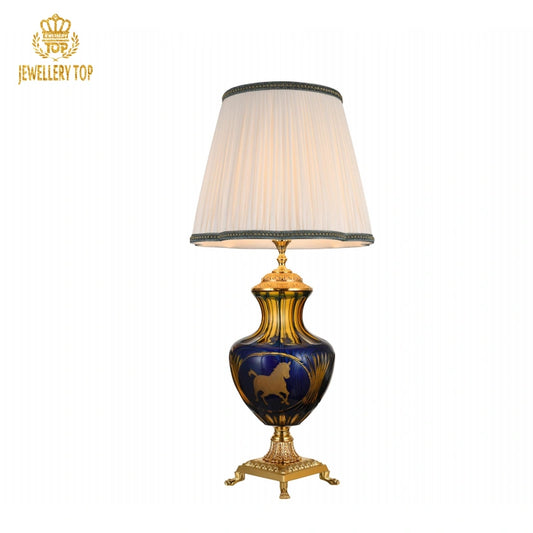 Classical Blue Leaded-Glass Table Lamp with Gold Horse Decorations