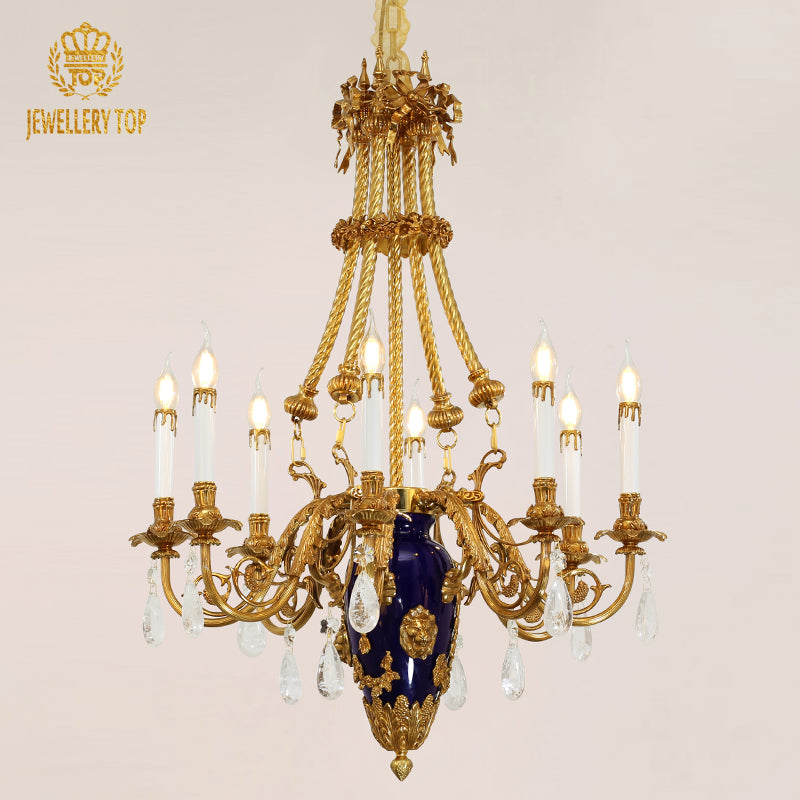 Aegean Aurora ceramic vintage chandelier with cobalt ceramic center and brass arms