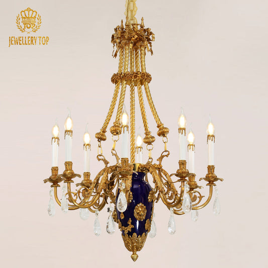 Aegean Aurora ceramic vintage chandelier with cobalt ceramic center and brass arms