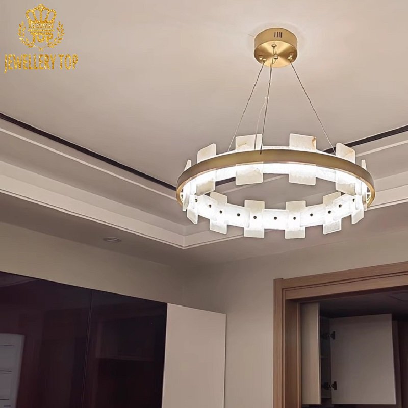 Diffused glow through translucent alabaster in an Art Deco-inspired dining space