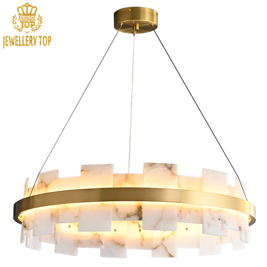 Art Deco alabaster chandelier with tiered brass rings in a high-ceilinged living room