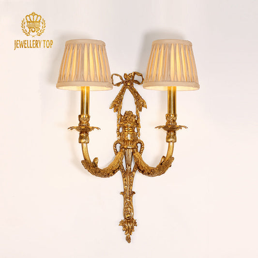 Front view of the Amara Bow Vintage Wall Sconce with two fabric-shaded arms