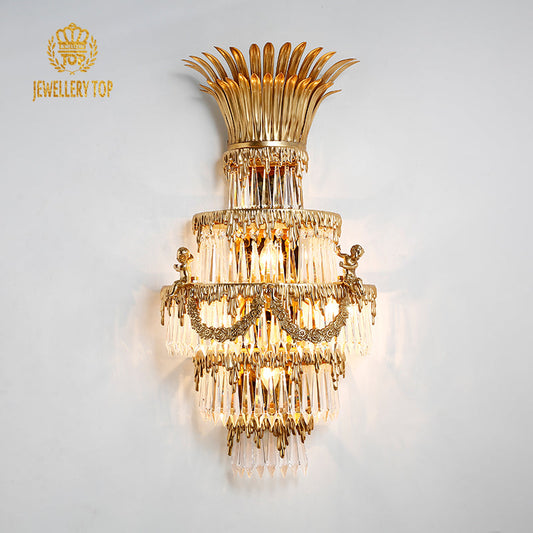 Front view of the Arcadia Pineapple Brass Wall Sconce with cascading crystal tiers