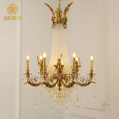 Apollo’s Gilded Cascade brass chandelier with cherub sculpture and crystal prisms