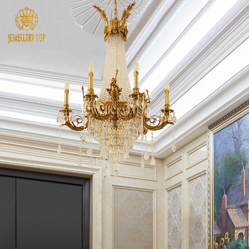 Hand-cut Swarovski-style crystal tiers on antique bronze chandelier frame