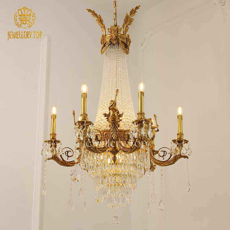 Luxury hotel dining room illuminated by French crystal cascade lighting