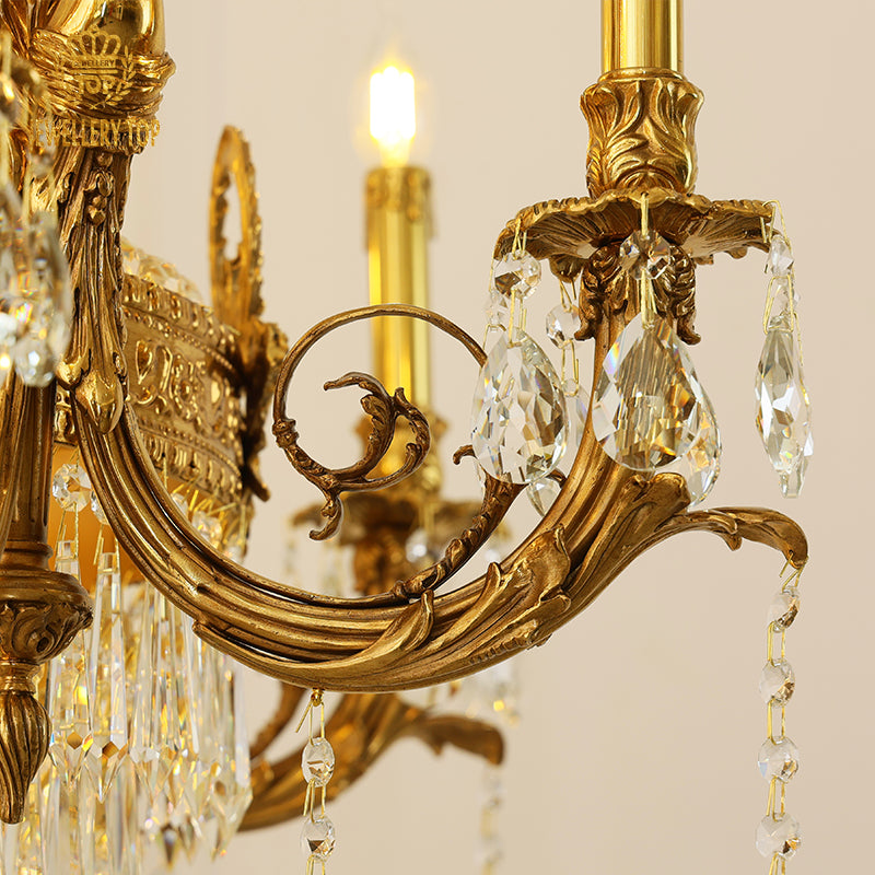 Rococo fleur-de-lis details and adjustable crystal chain on villa chandelier
