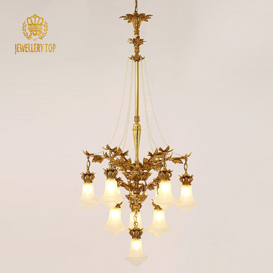 Elegant high ceiling vintage lamp featuring frosted glass shades and polished brass details