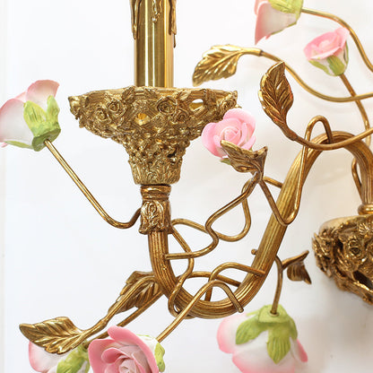 French Brass Wall Light With Pink Rose